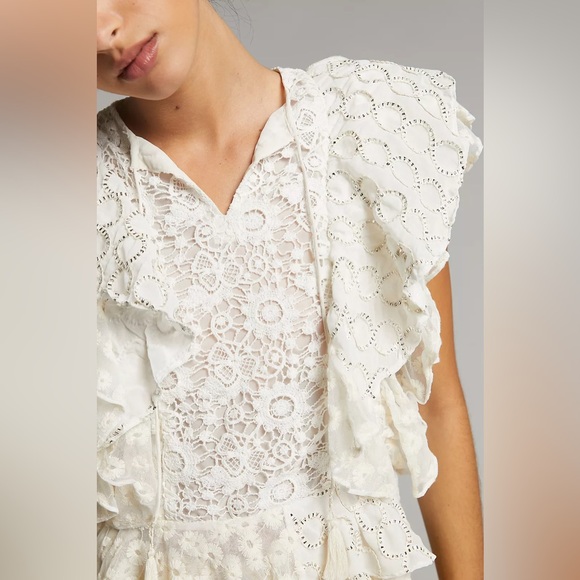 EUC Verb by Anthropologie Elegant White Lace Beaded Ruffle Bohemian Top - Picture 5 of 12